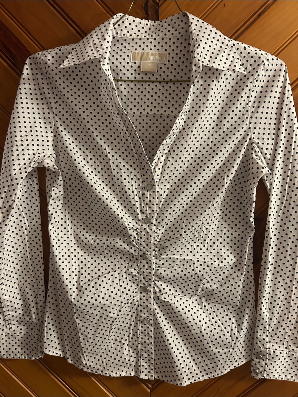 Michael Kors White Button-Down Shirt with Black Polka Dots
